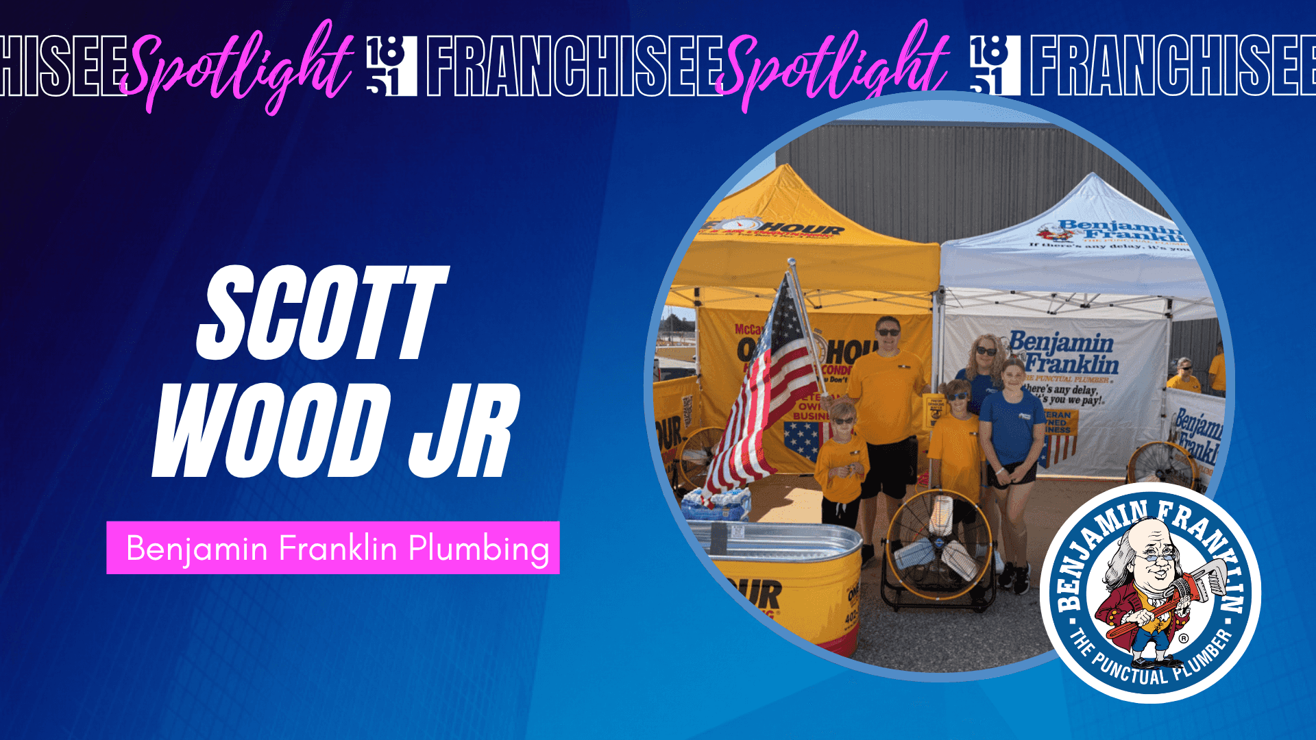 1851 Franchisee Spotlight graphic with photo of Scott Wood Jr. & family, Benjamin Franklin Plumbing