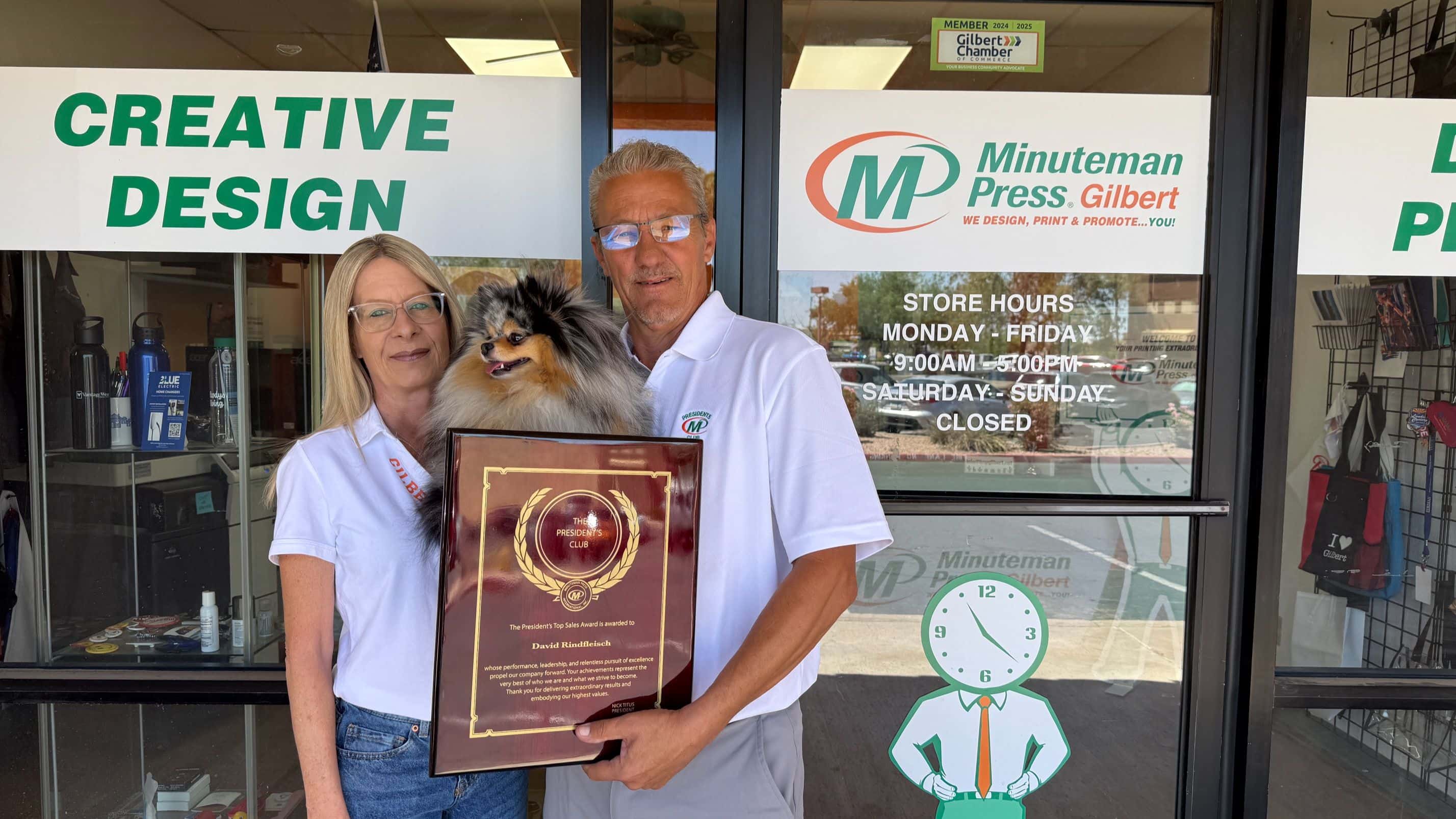 Minuteman Press Franchise Owners Angel & Dave Rindfleisch (with Balee), Gilbert, AZ.