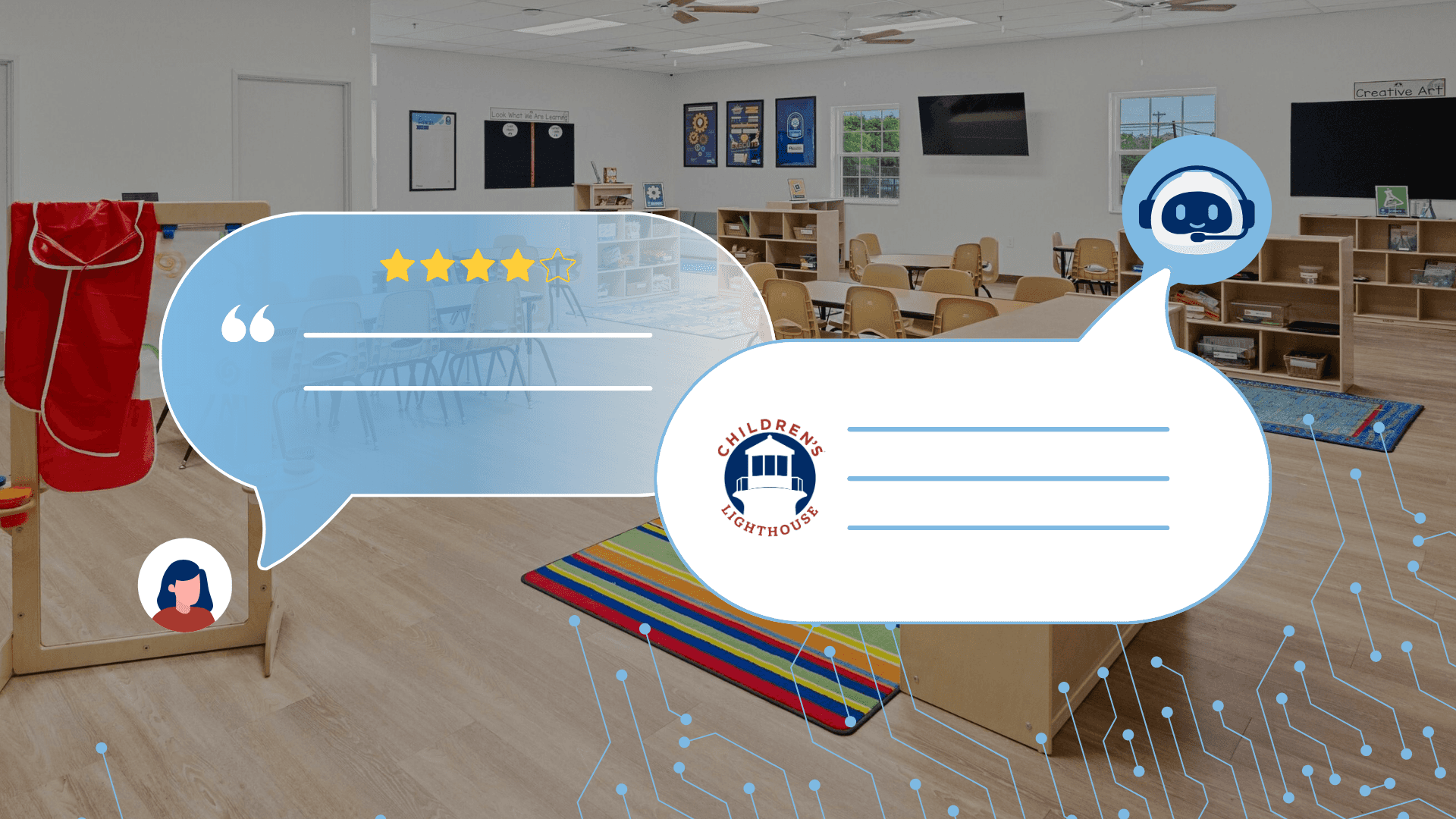 Design with photo of Children's Lighthouse classroom, support chat bubbles