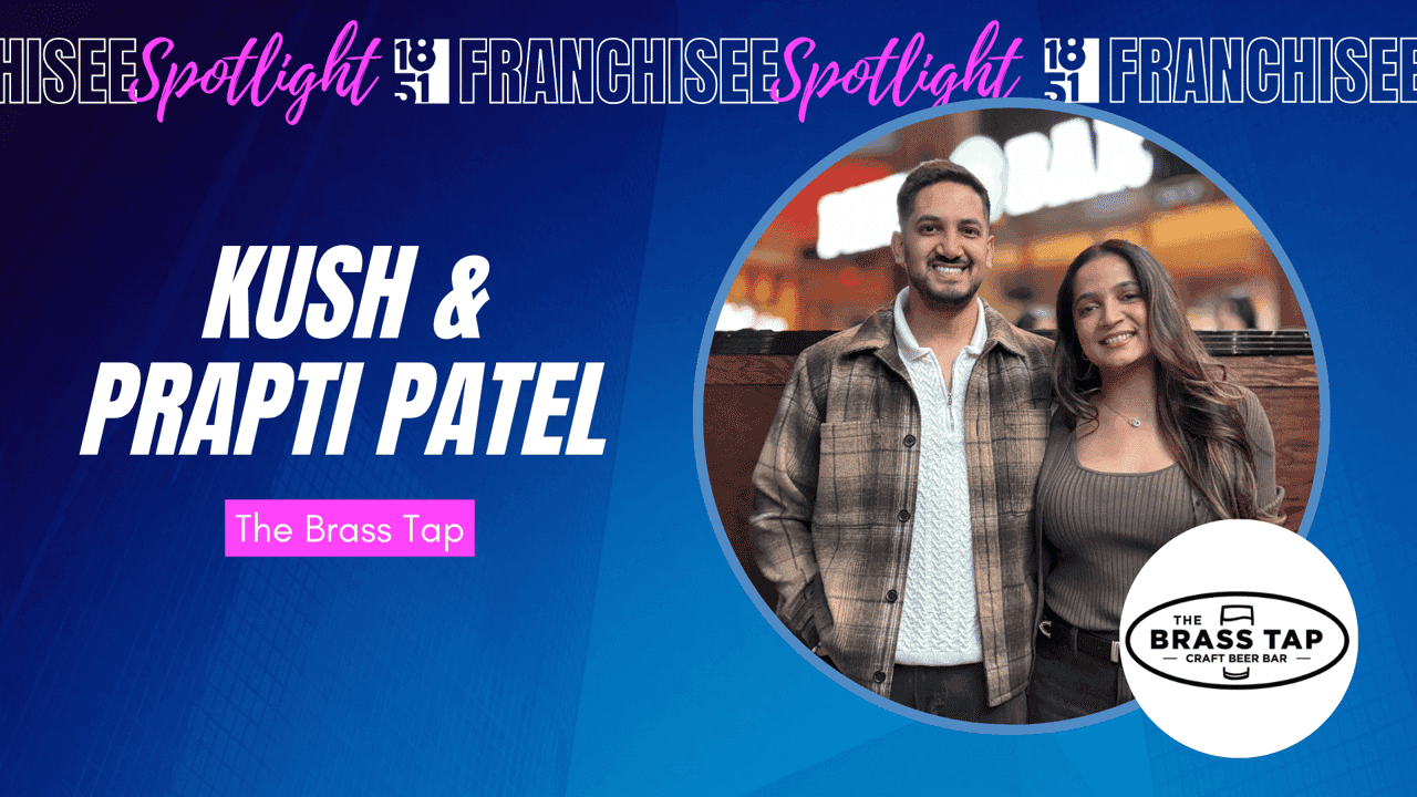 Couple Bring The Brass Tap to St. Louis: A Family Legacy Meets a Passion for Hospitality Franchisee spotlight graphic with photo of Kush and Prapti Patel and The Brass Tap logo