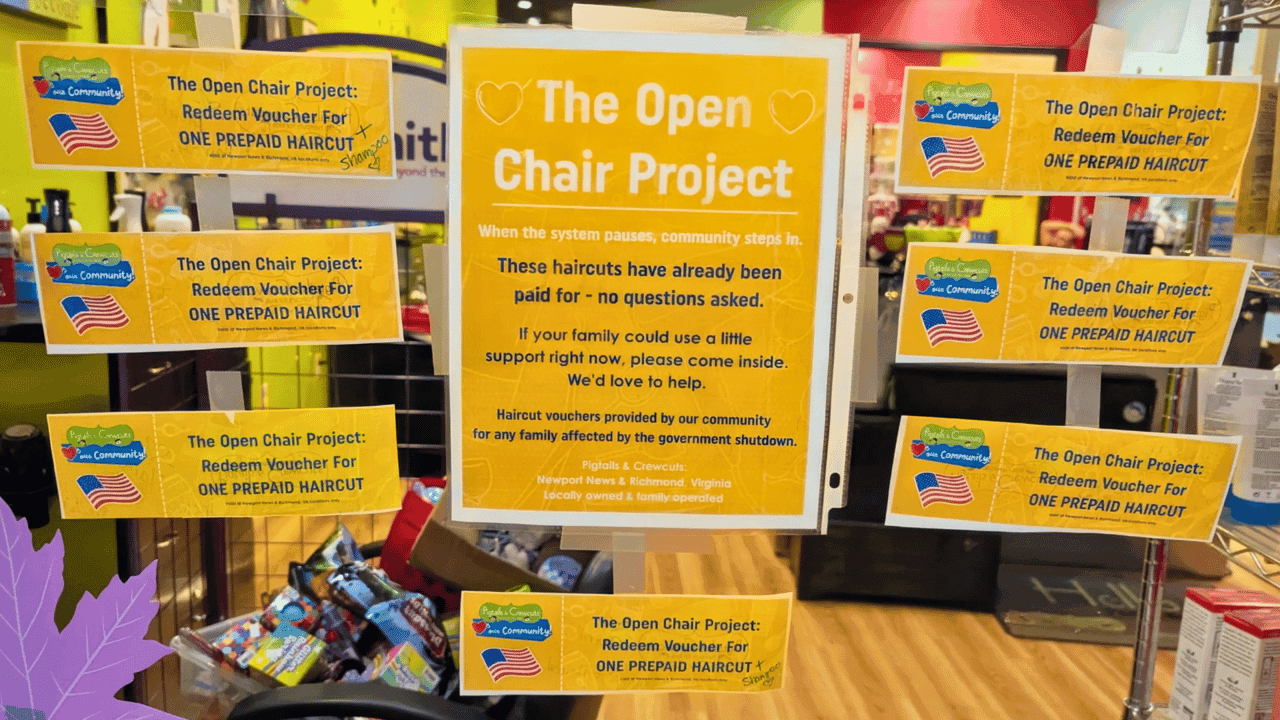 How undefined Evolved and Set New Standards Photo of Pigtails & Crewcuts window with Open Chair Project vouchers hanging up