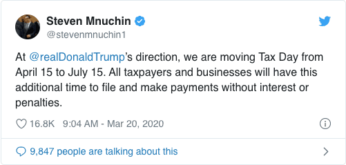 Steve Mnuchin: “We are moving Tax Day from April 15 to July 15” Steve Mnuchin: “We are moving Tax Day from April 15 to July 15”