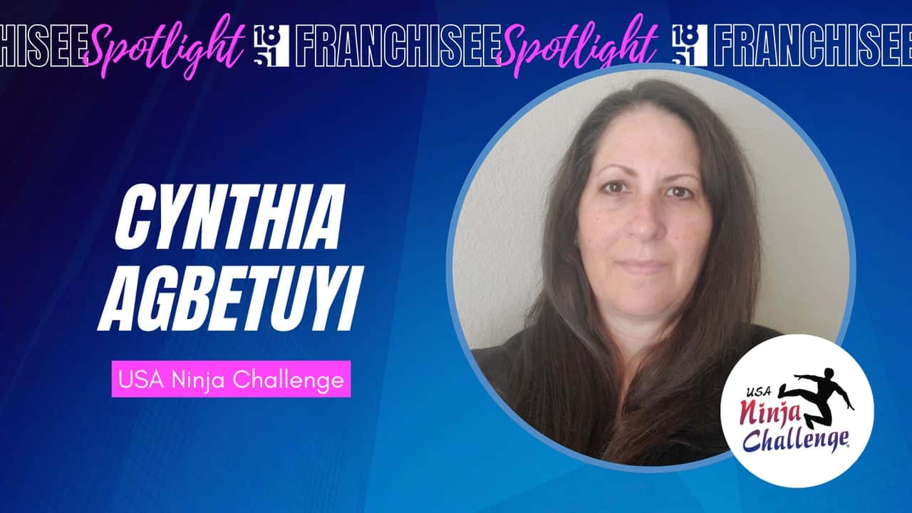 Empowering Kids Through Sport: Cynthia Agbetuyi Builds Confidence and Opportunity with USA Ninja Challenge franchisee spotlight graphic with photo of Cynthia Agbetuyi and USA Ninja Challenge logo
