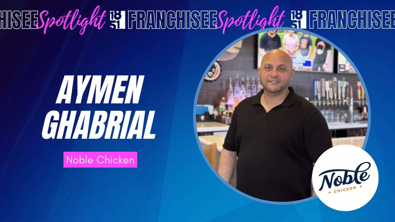 Award-Winning Wings and Rings Owner Aymen Ghabrial Becomes First Franchisee for Noble Chicken franchisee spotlight graphic with photo of Aymen Ghabrial and Noble Chicken logo