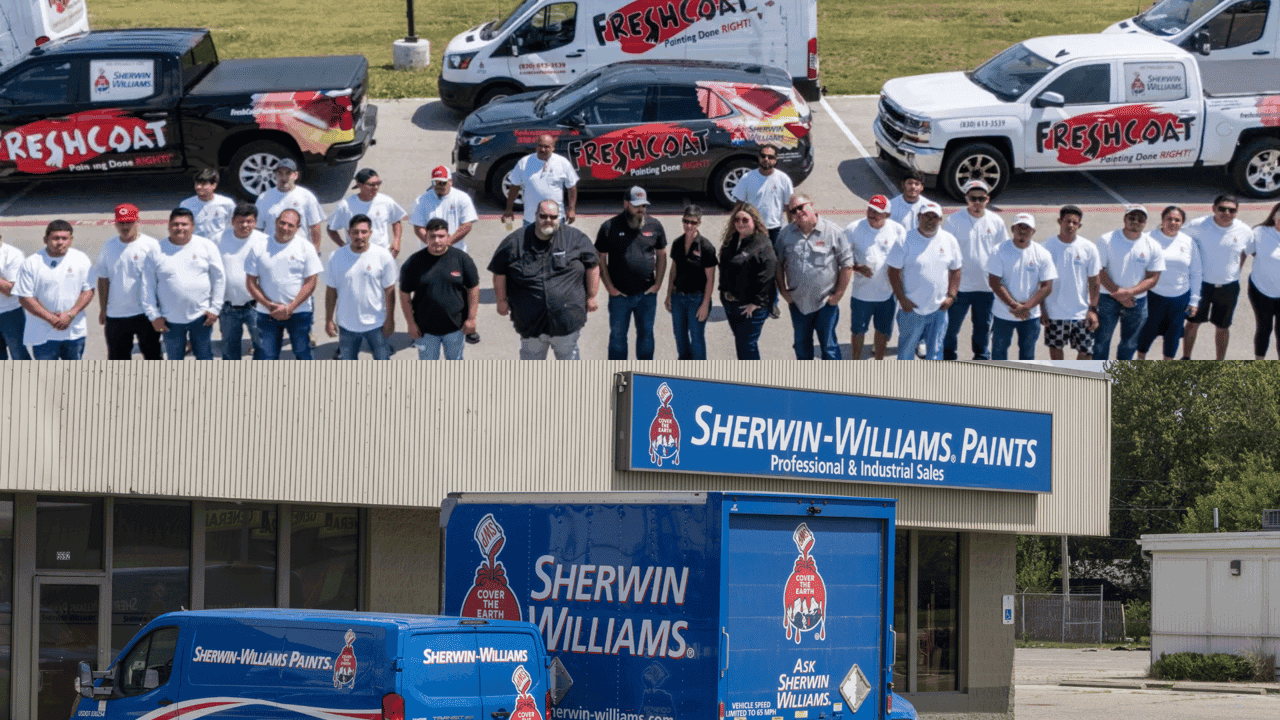 How undefined Evolved and Set New Standards Image with photo of Fresh Coat team and Sherwin-Williams storefront