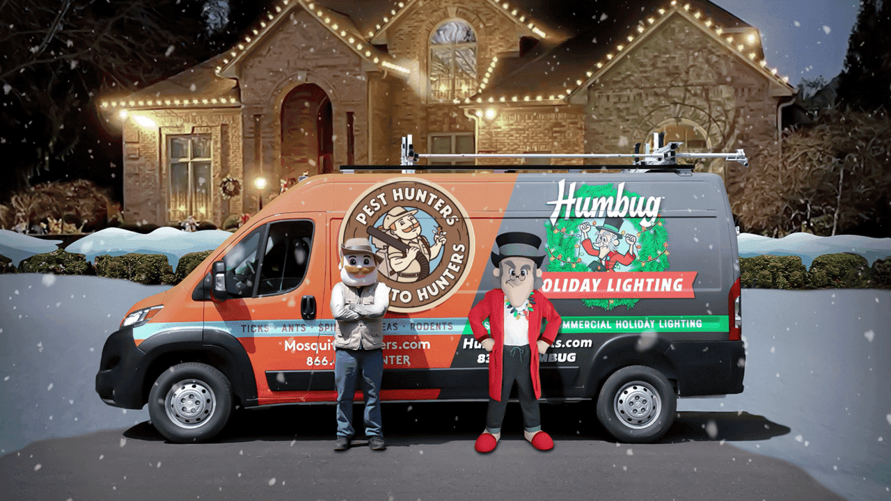 How undefined Evolved and Set New Standards Photo of decorated home with Pest Hunters-Mosquito Hunters-Humbug Holiday Lighting van in front