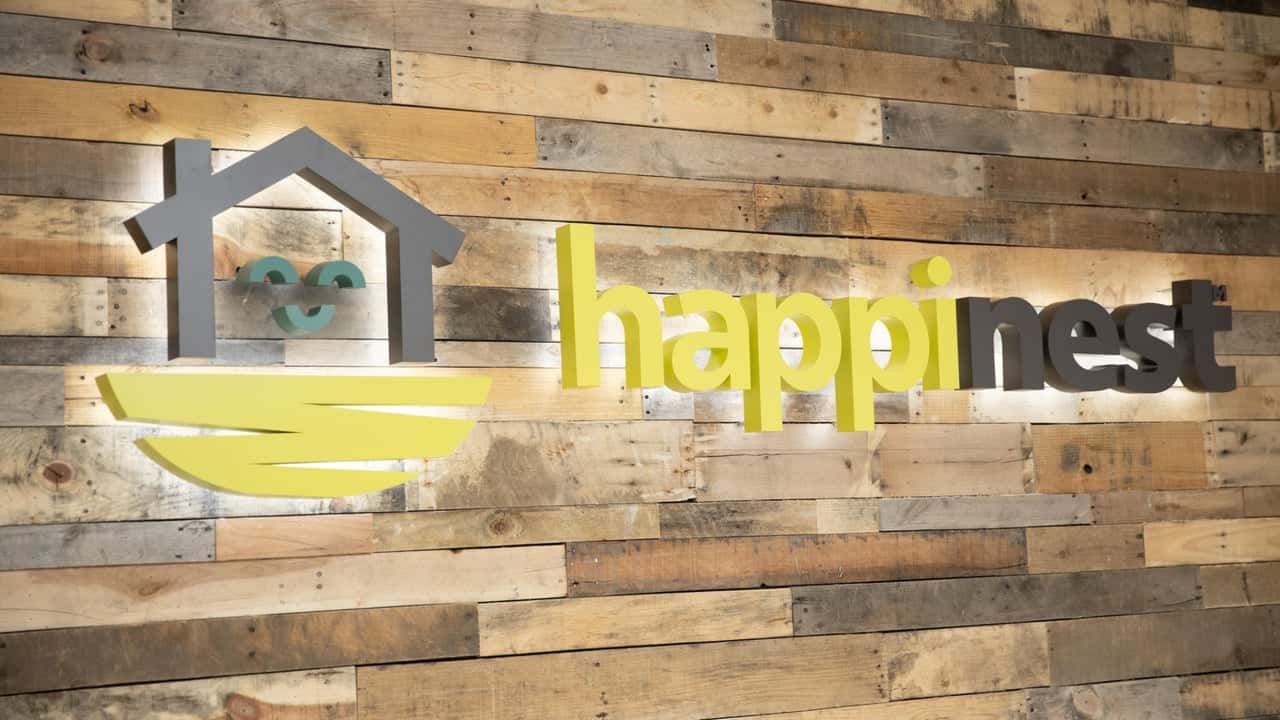 Happinest Brands Powers Through 2025 With Strong Franchise image of a happiness business franchise logo on a wood wall on location