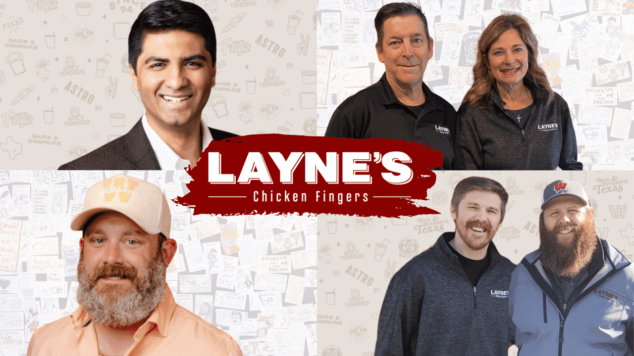 Why Franchisees Love Layne’s: Support, Culture and Growth Design with photos of six Layne's Chicken Fingers franchisees and the Layne's logo