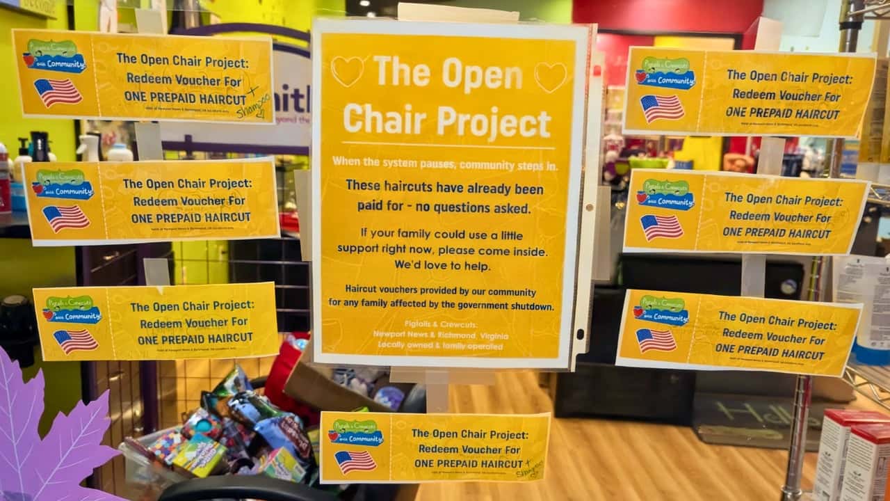 ABC 8 News: Community Donates Haircuts Through Pigtails & Photo of Pigtails & Crewcuts window with Open Chair Project vouchers hanging up