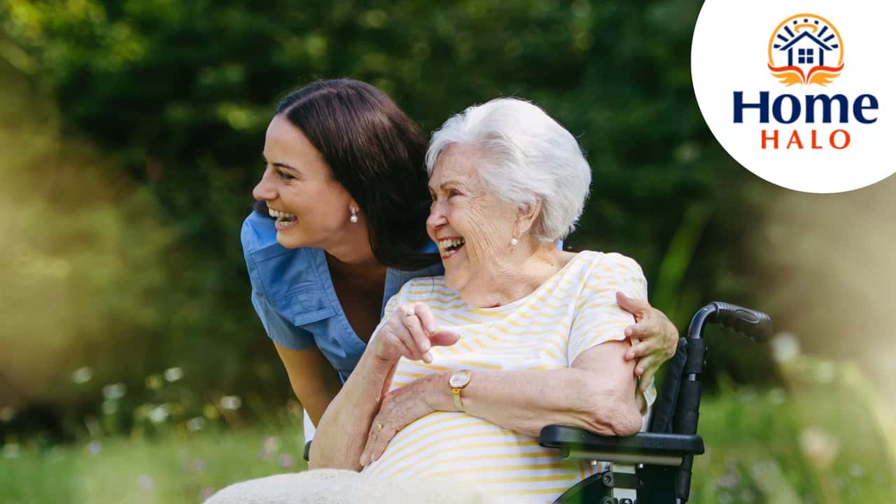 How Home Halo Is Using Clinical Expertise to Set a New Design with photo of senior and caregiver, Home Halo logo
